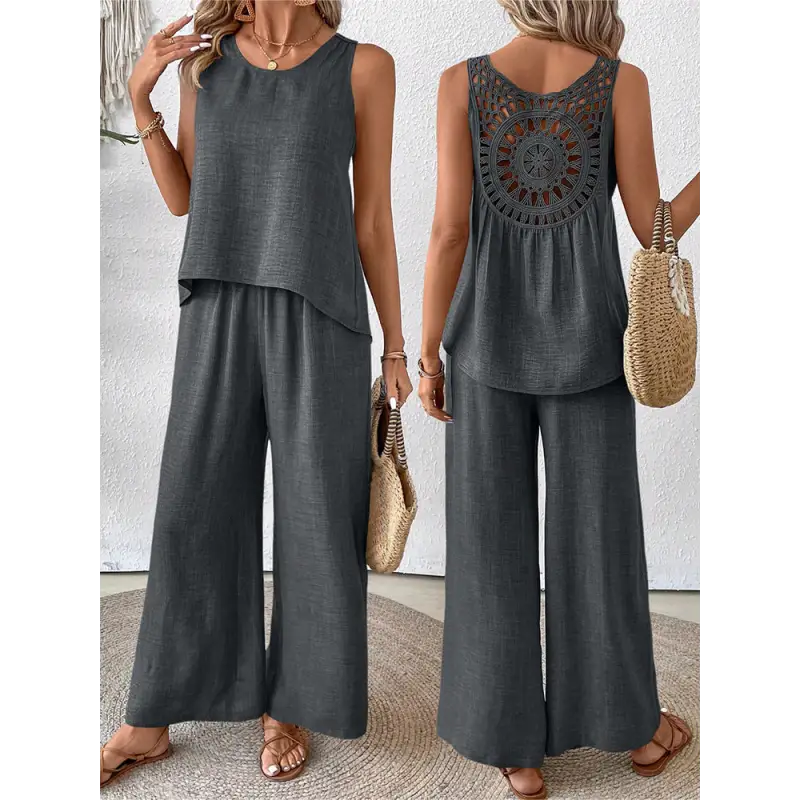 Gray two-piece pantsuit.