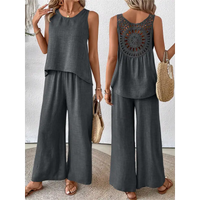 Gray two-piece pantsuit.