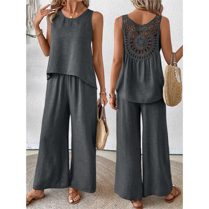 Gray two-piece pantsuit.