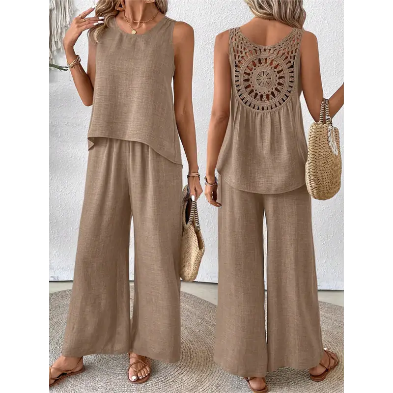 Tan linen two-piece pantsuit.