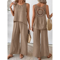 Tan linen two-piece pantsuit.