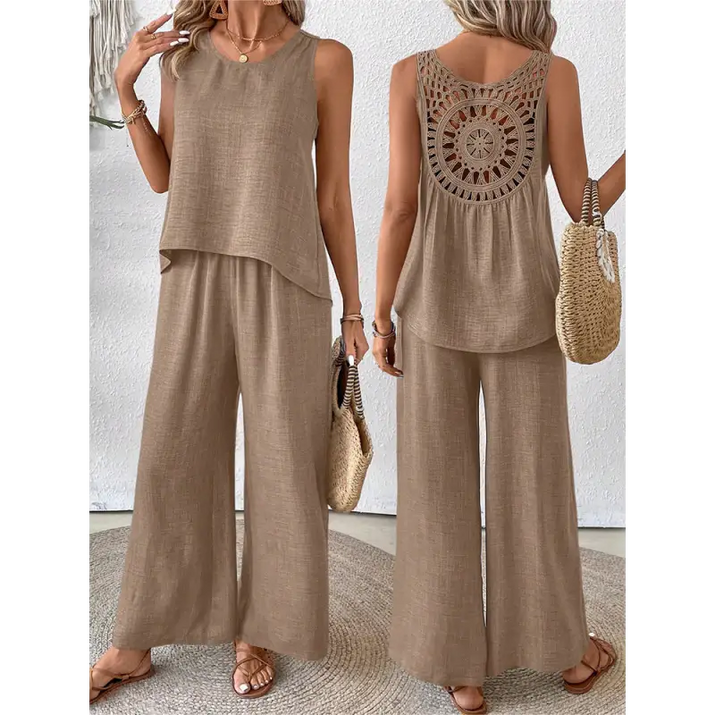 Tan linen two-piece pantsuit.
