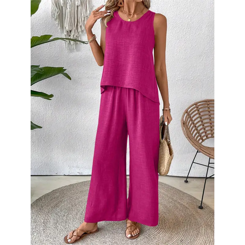Magenta two-piece pantsuit.