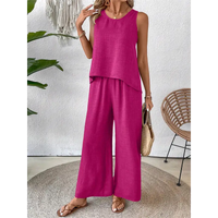 Magenta two-piece pantsuit.