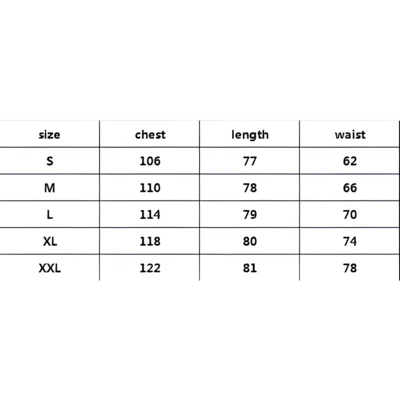 Clothing size chart.