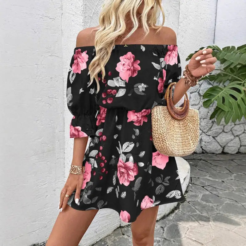 Floral off-the-shoulder dress.