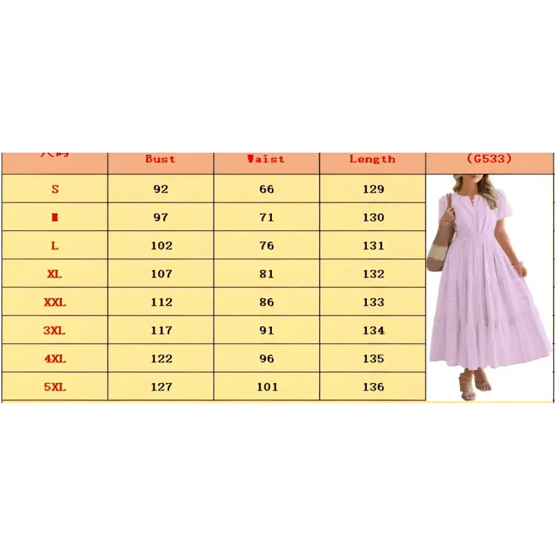 Size chart for a pink dress.