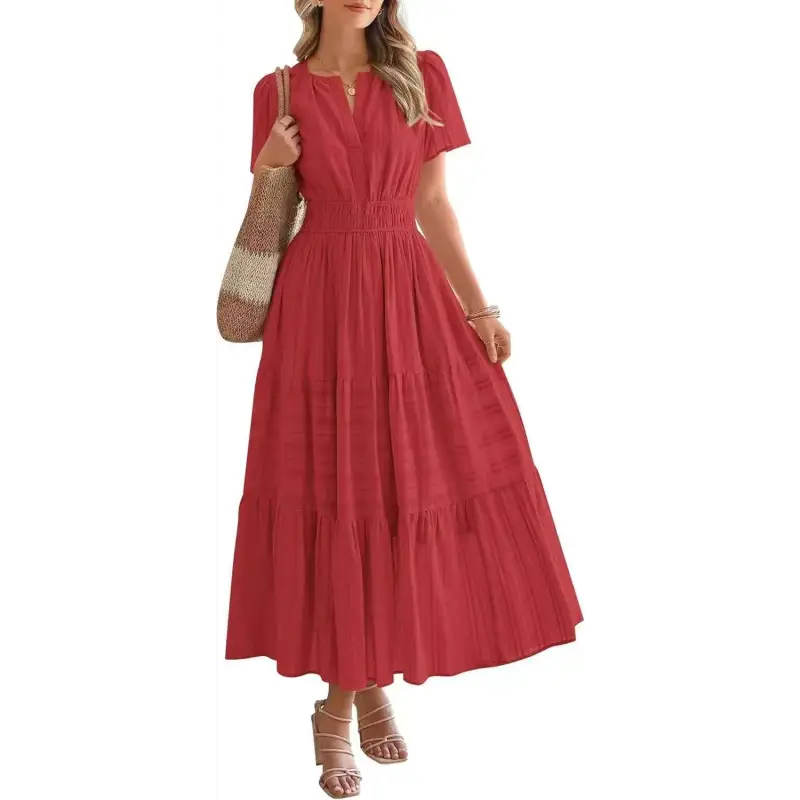 Red tiered maxi dress.
