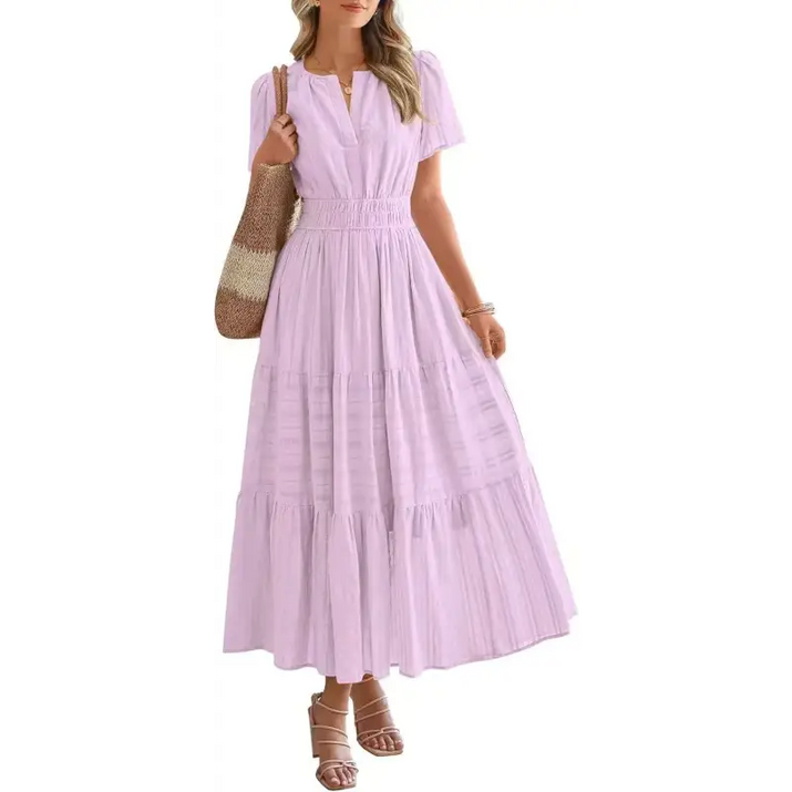 Light purple tiered maxi dress.