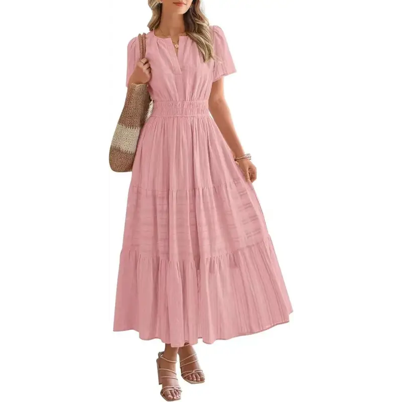 Pink tiered maxi dress.