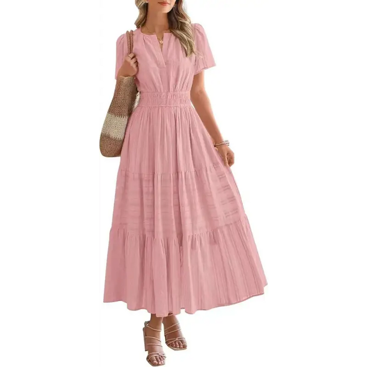 Pink tiered maxi dress.