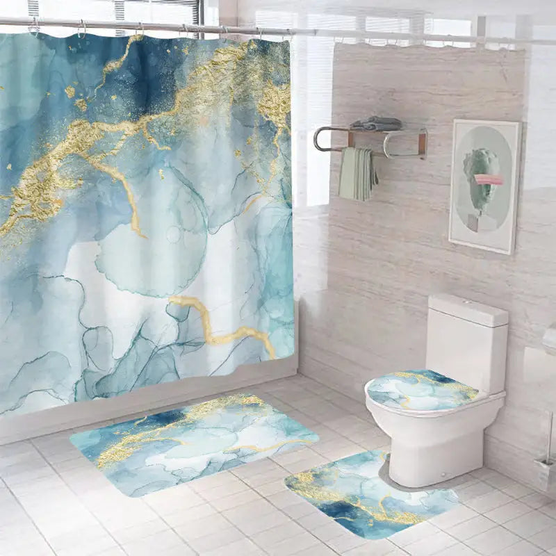 Bathroom set with blue and gold marble design.