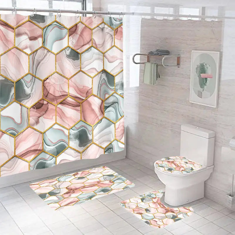 Bathroom set with geometric marble pattern.