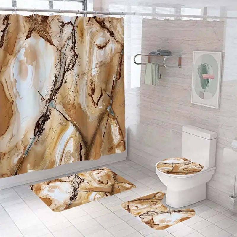 Bathroom set with marble pattern.