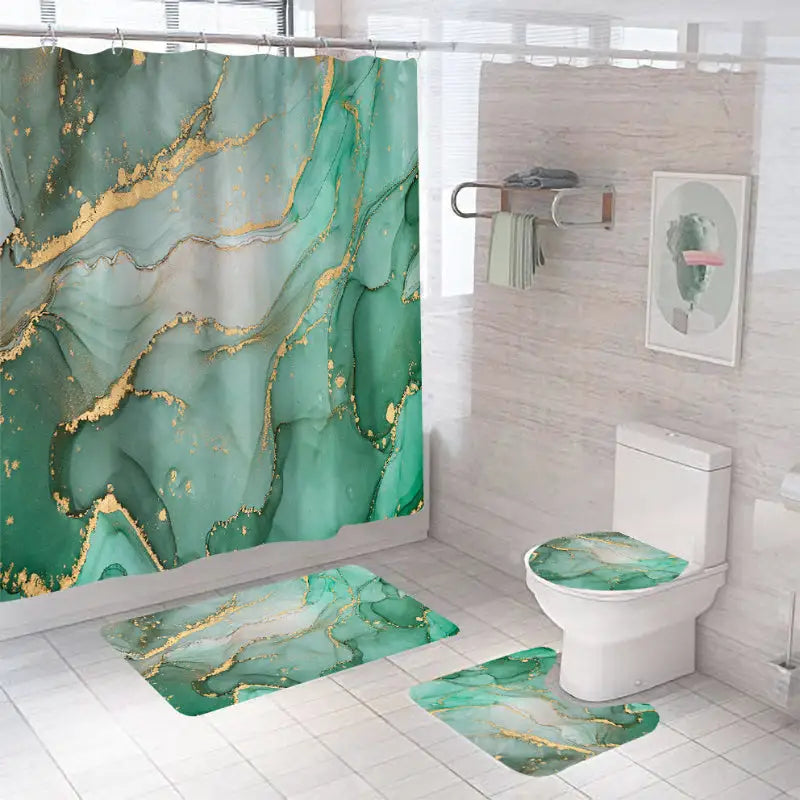 Green and gold marble bathroom set.
