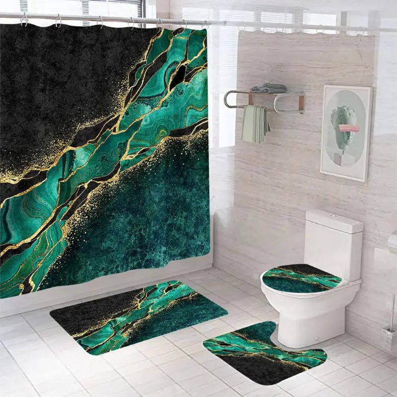 Bathroom set with emerald and gold marble design.