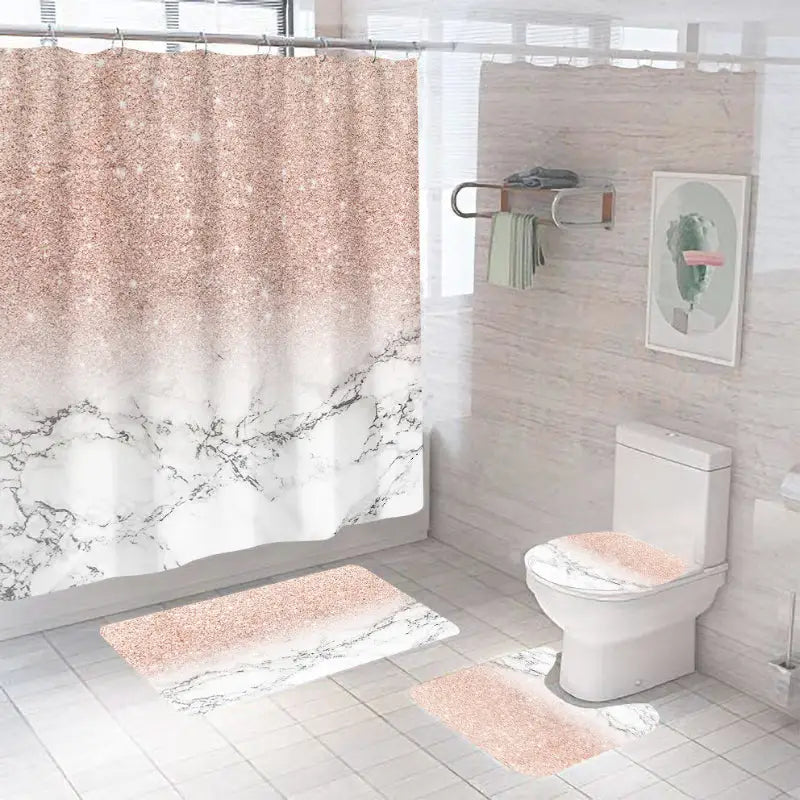 Bathroom set with rose gold glitter and marble pattern.