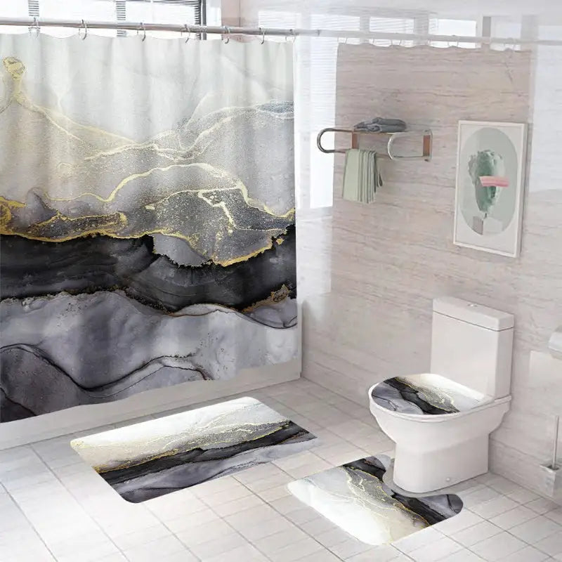 Bathroom set with abstract marble design.