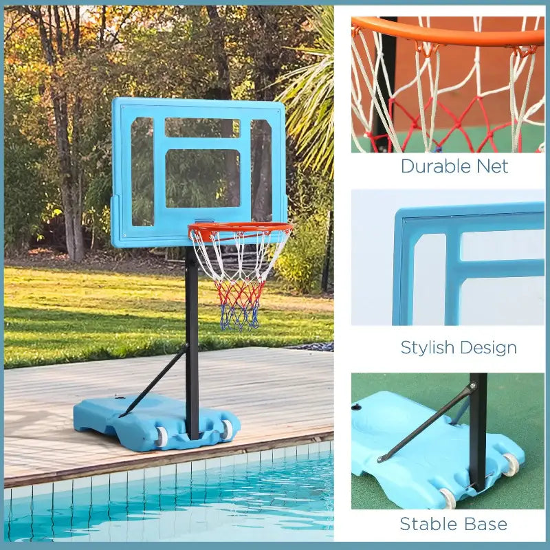 Portable blue poolside basketball hoop stand for endless hours of poolside basketball fun
