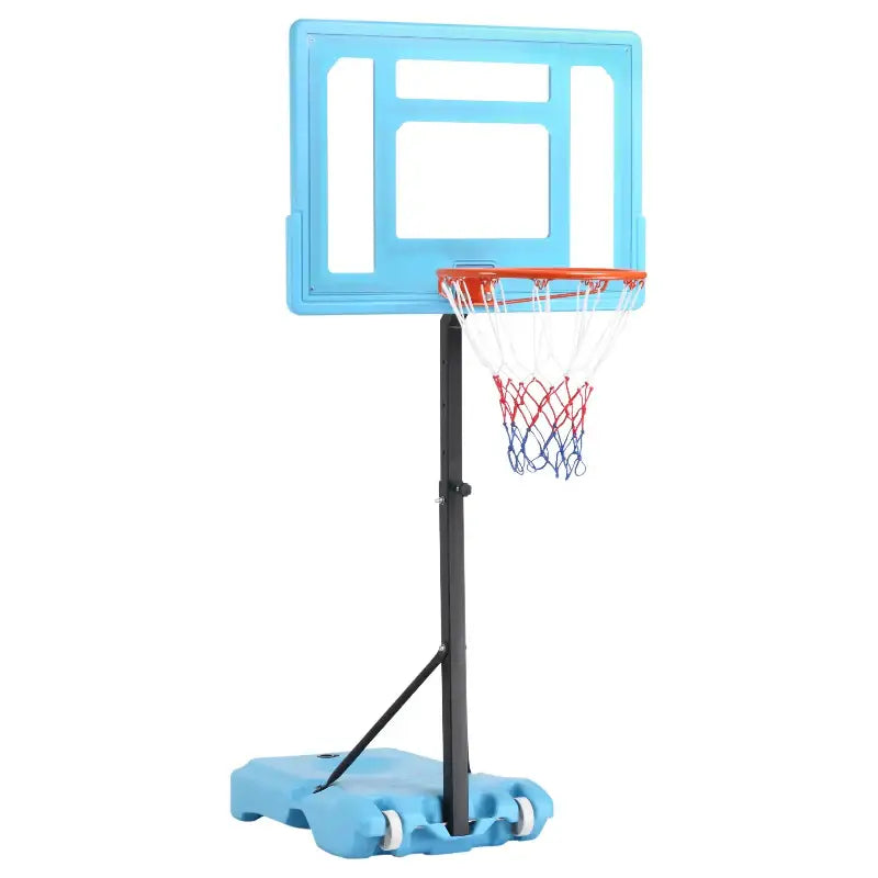 Blue and black portable poolside basketball hoop stand for endless hours of poolside basketball fun