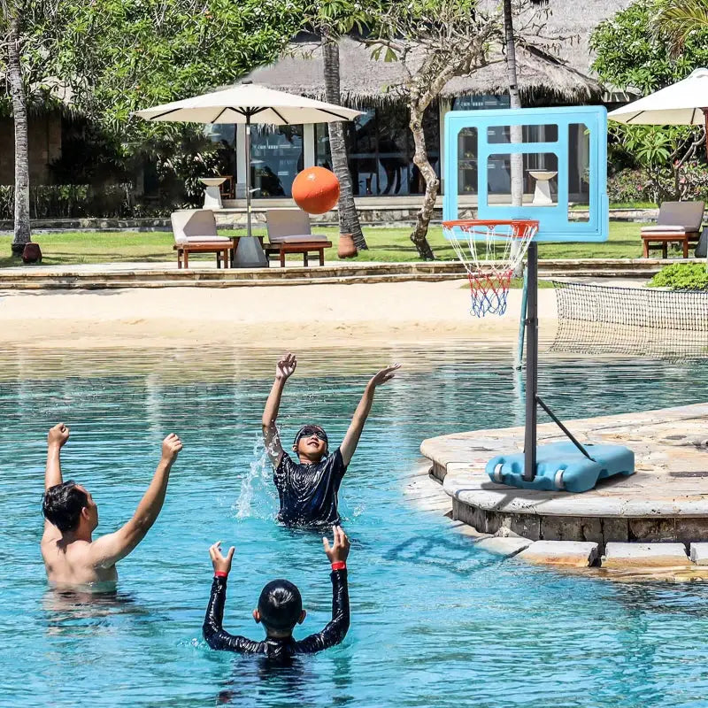 Poolside basketball hoop stand offering endless hours of poolside basketball fun