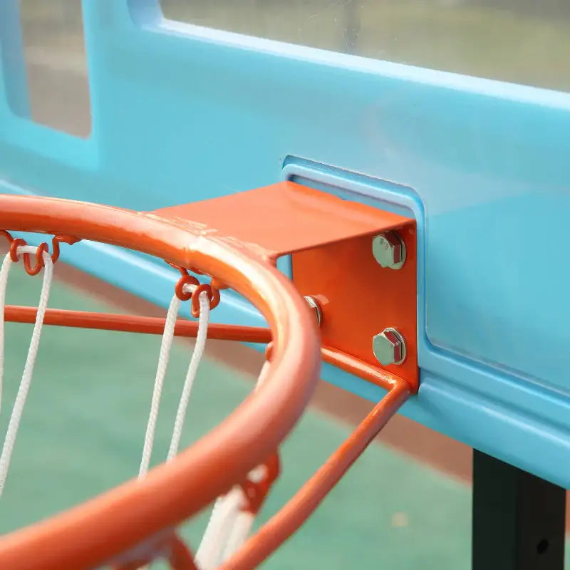 Orange poolside basketball hoop with white net on hoop stand for endless hours of poolside basketball