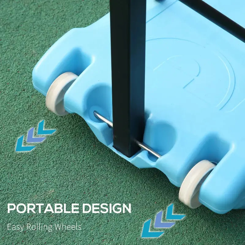 Portable blue poolside basketball hoop stand with rolling wheels for endless hours of poolside basketball games