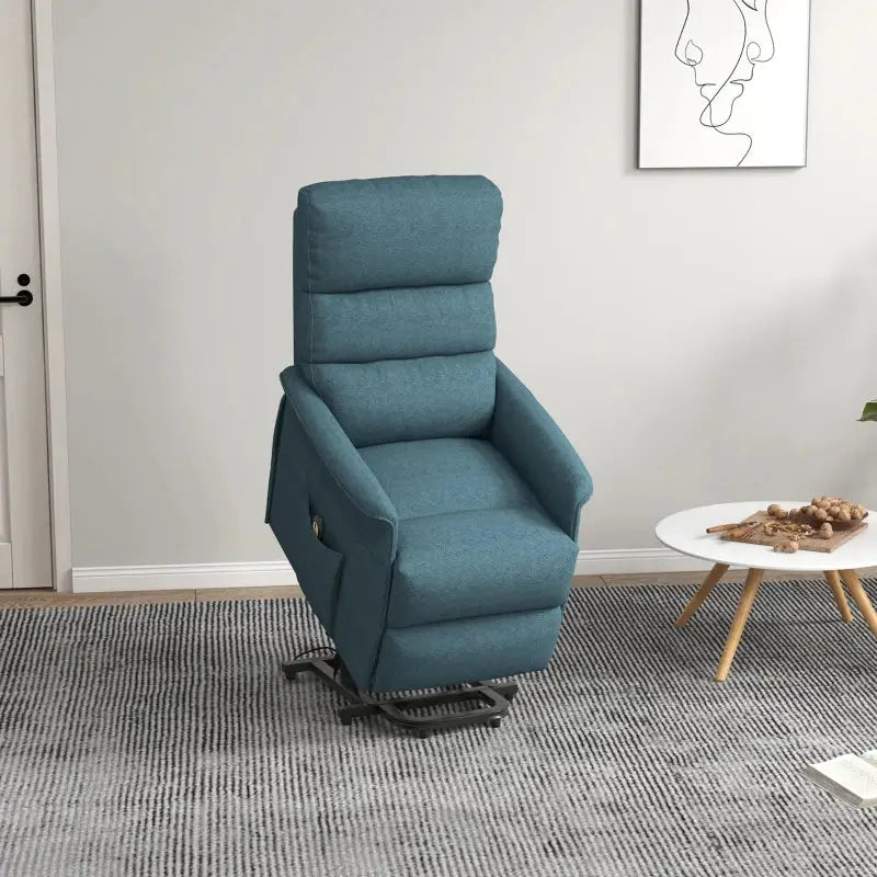 Blue upholstered recliner in a Power Lift Chair for comfortable seating and easy mobility
