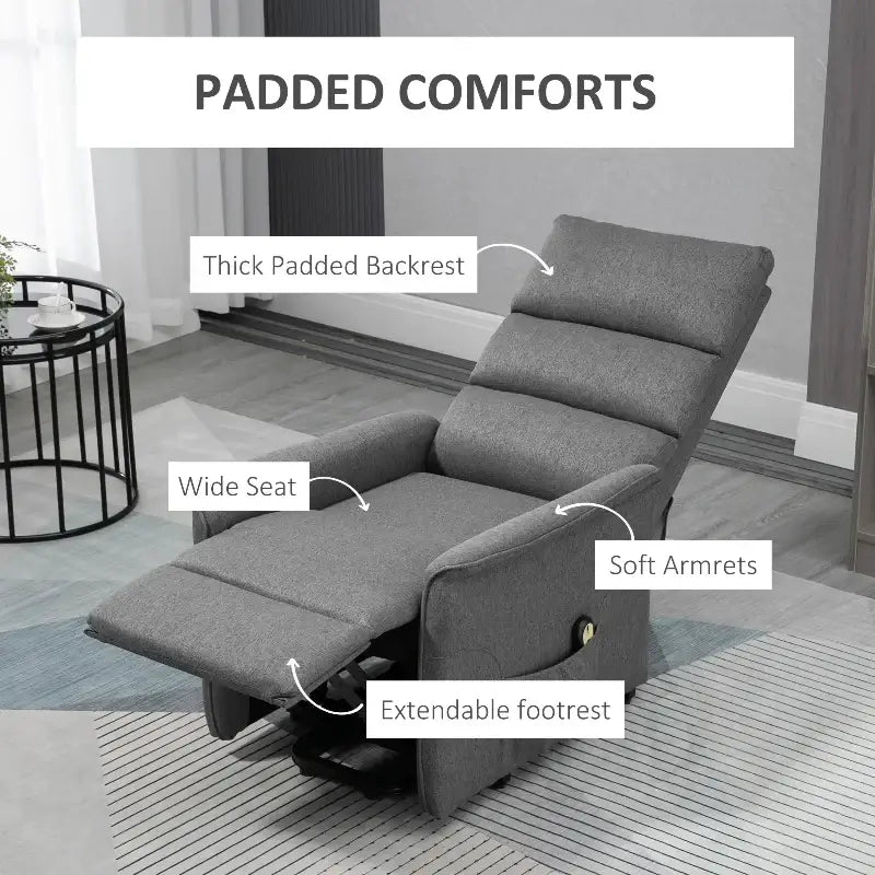 Gray padded recliner in the Power Lift Chair for comfortable mobility and support