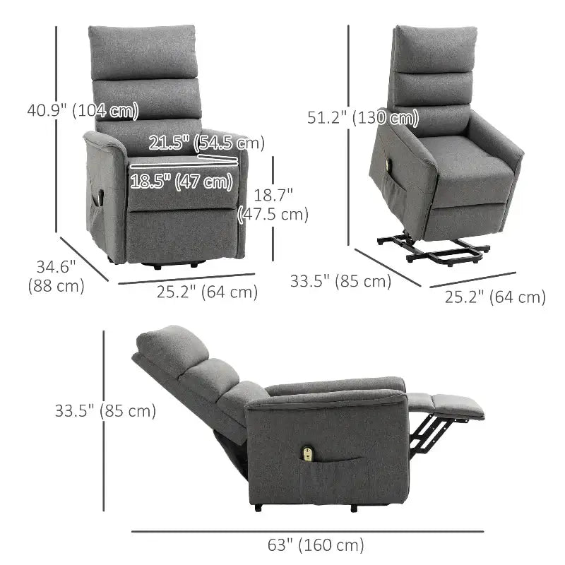 Gray Power Lift Chair with Dimensions for Comfortable Reclining and Support