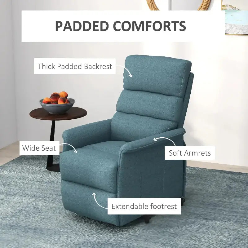 Blue upholstered recliner in a Power Lift Chair for comfortable living