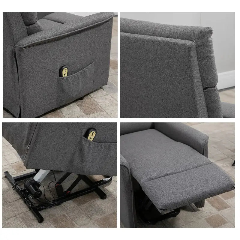 Gray upholstered power lift chair for comfortable mobility and easy sitting or standing