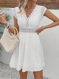 Women's Lace Stitching Cut-Out Jacquard V-neck Dress