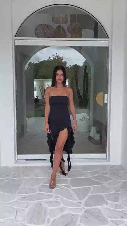 Irregular Tassel Strapless Midi Dress