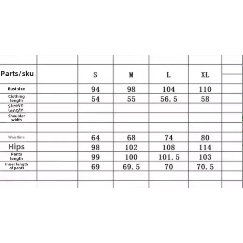 Clothing size chart.