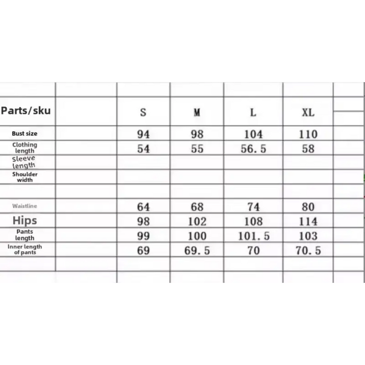 Clothing size chart.