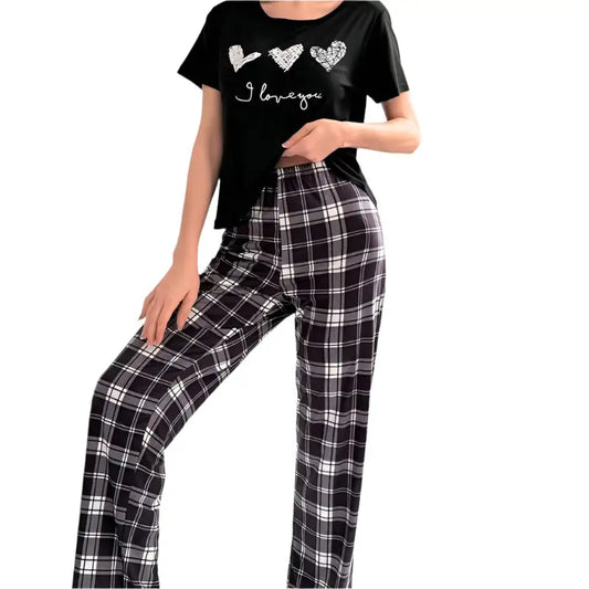 Black pajama set with plaid pants.