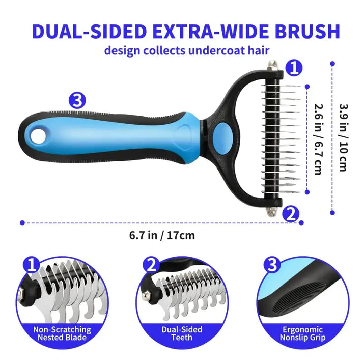 Blue and black dual-sided pet deshedding brush for professional pet grooming