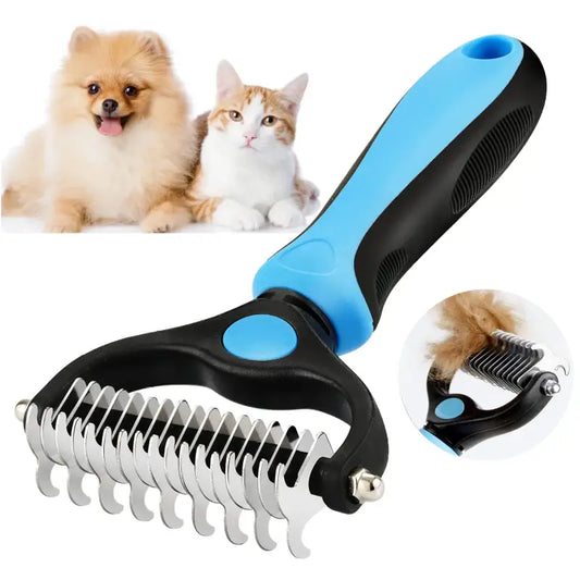 Blue and black pet grooming rake, professional pet deshedding brush for dogs