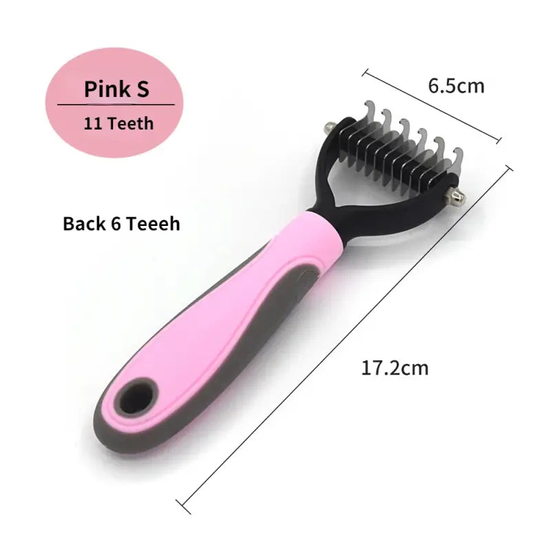 Pink and gray pet grooming rake with metal teeth for professional pet deshedding