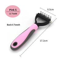 Pink and gray pet grooming rake with metal teeth for professional pet deshedding