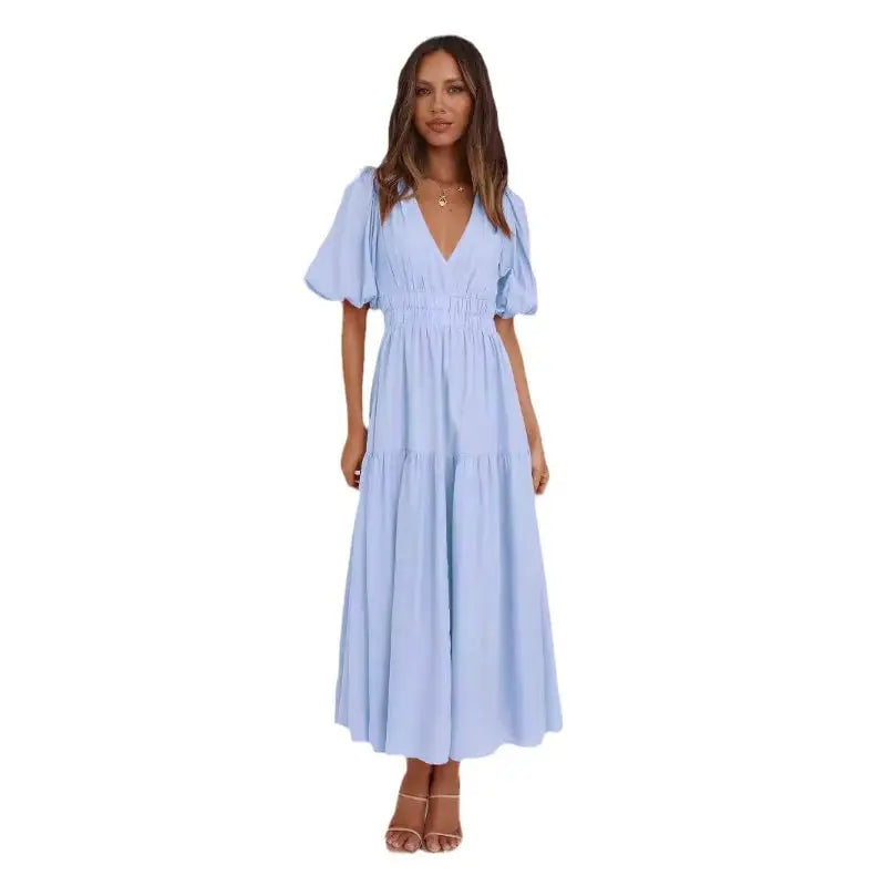 Light blue tiered maxi dress.