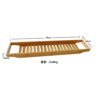 Slatted bamboo bathtub caddy with dimensions.