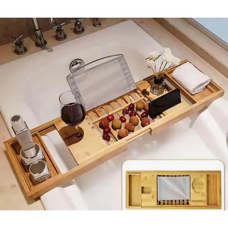 Bamboo bathtub caddy with accessories.