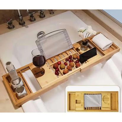 Bamboo bathtub caddy with accessories.