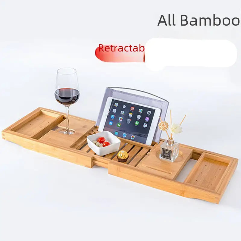 Bamboo bathtub caddy with accessories.