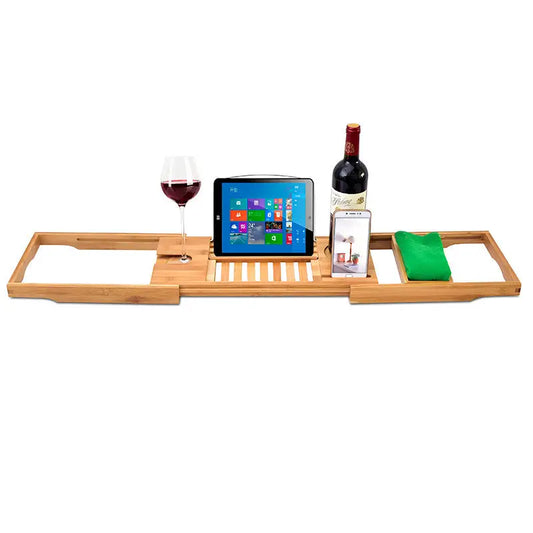 Bamboo bathtub caddy with wine, tablet, and phone.