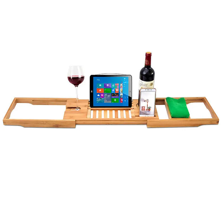 Bamboo bathtub caddy with wine, tablet, and phone.