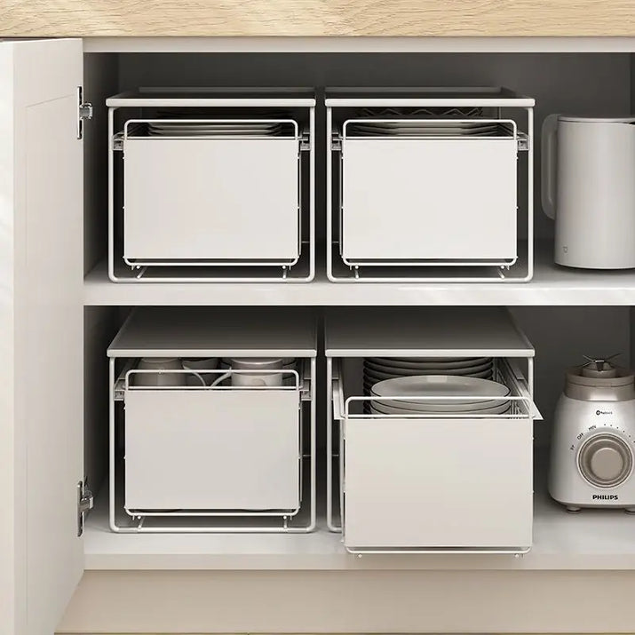 White pull-out kitchen storage shelves cabinets for double sink organization and storage