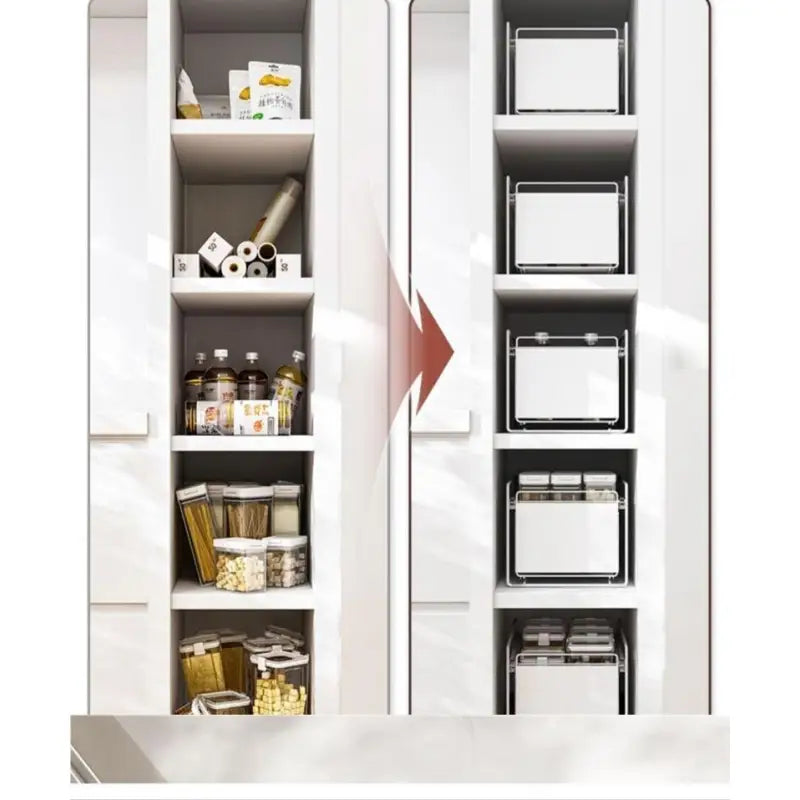 Organized pantry shelves in Pull-Out Double Storage Shelves Cabinets for efficient double sink storage